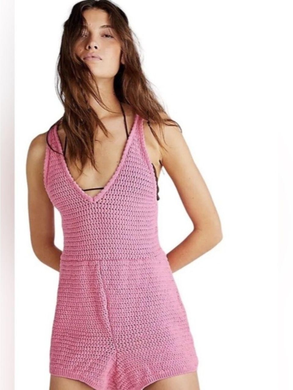 Free People Pink Crochet V-Neck Swim Coverup Romper